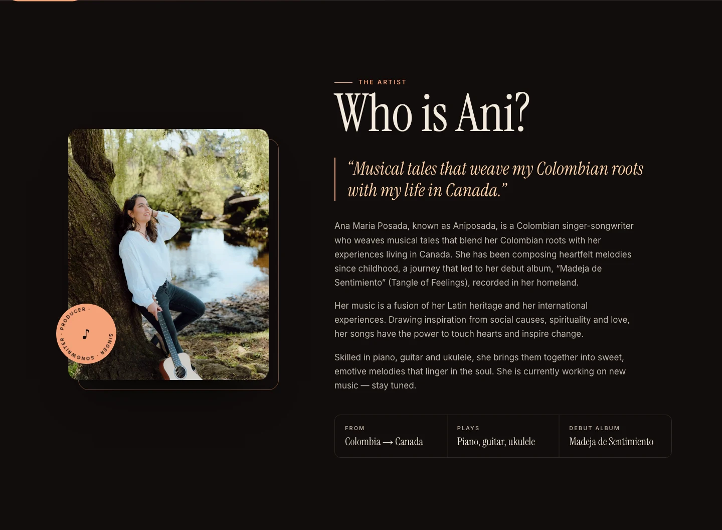 The About section: serif headings, a peach accent, an arched photo frame and a circular artist badge on the dark palette
