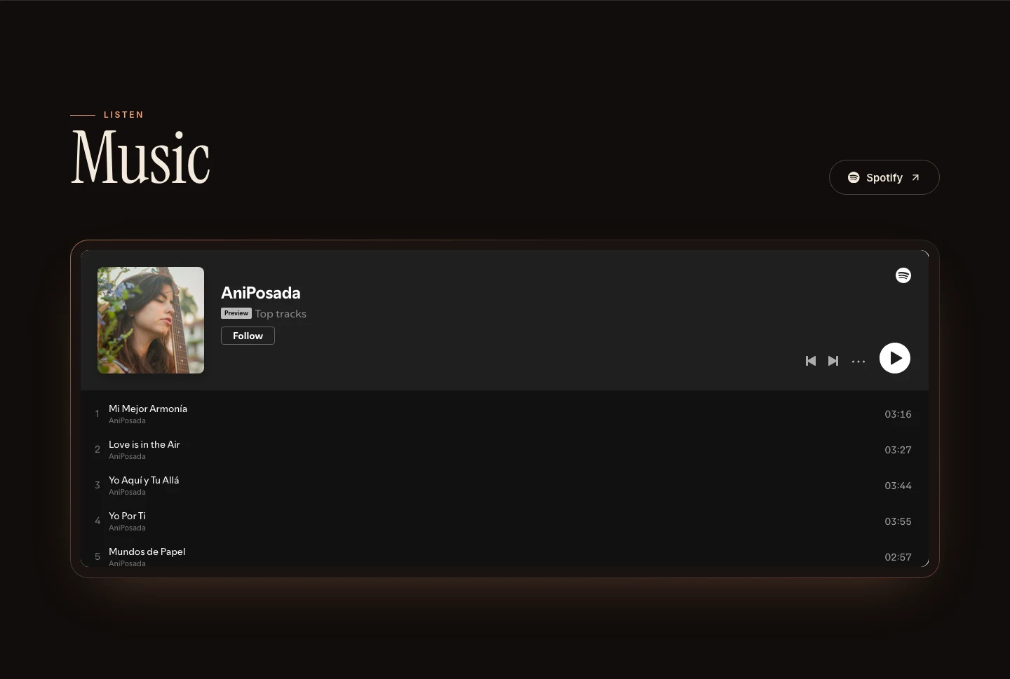 The Music section with an embedded Spotify player and top tracks