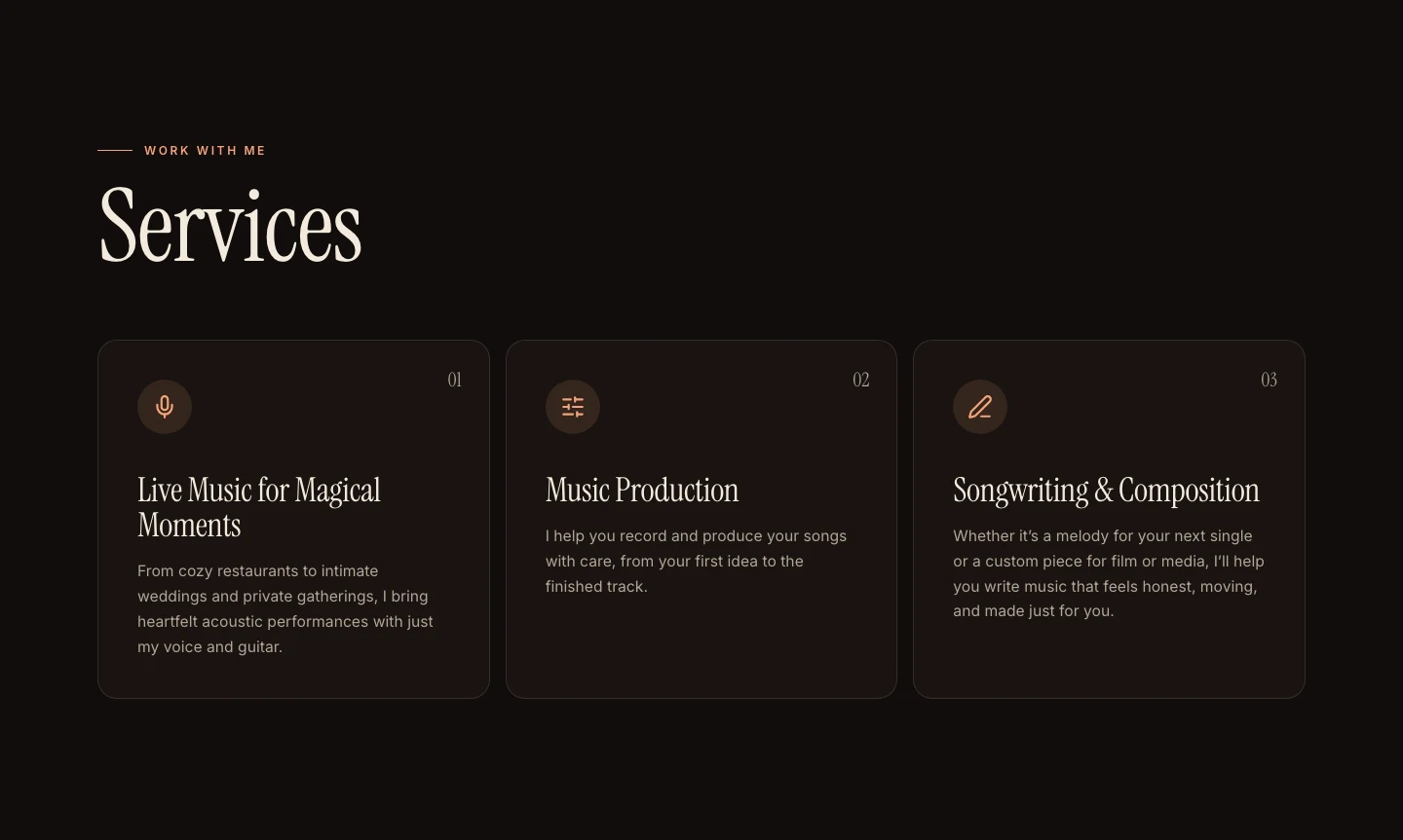 The Services section describing live music, music production and songwriting