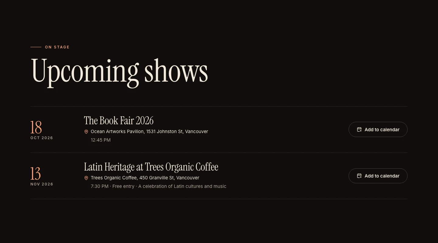 The Upcoming shows list with dates, venues and add-to-calendar buttons