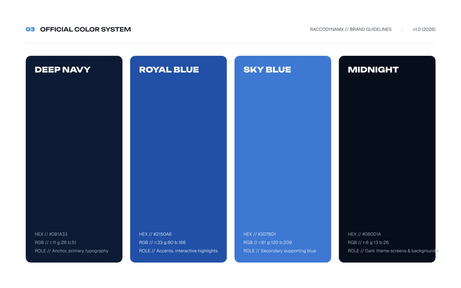 Raccodynamx color system — deep navy, royal blue, sky blue, and midnight, with hex values and roles