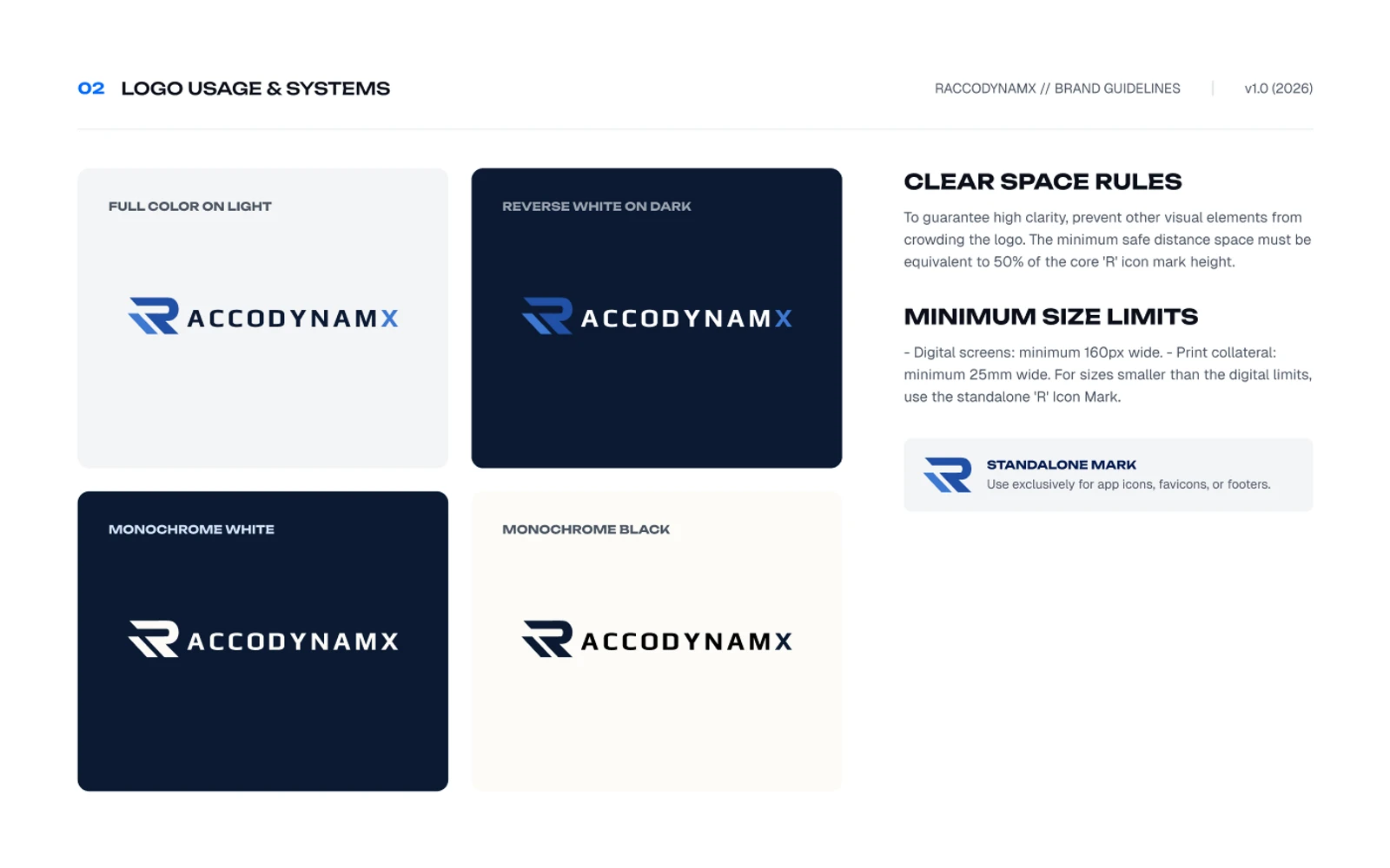 Raccodynamx logo usage and system — color, reverse, and monochrome variants with clear space and minimum size rules