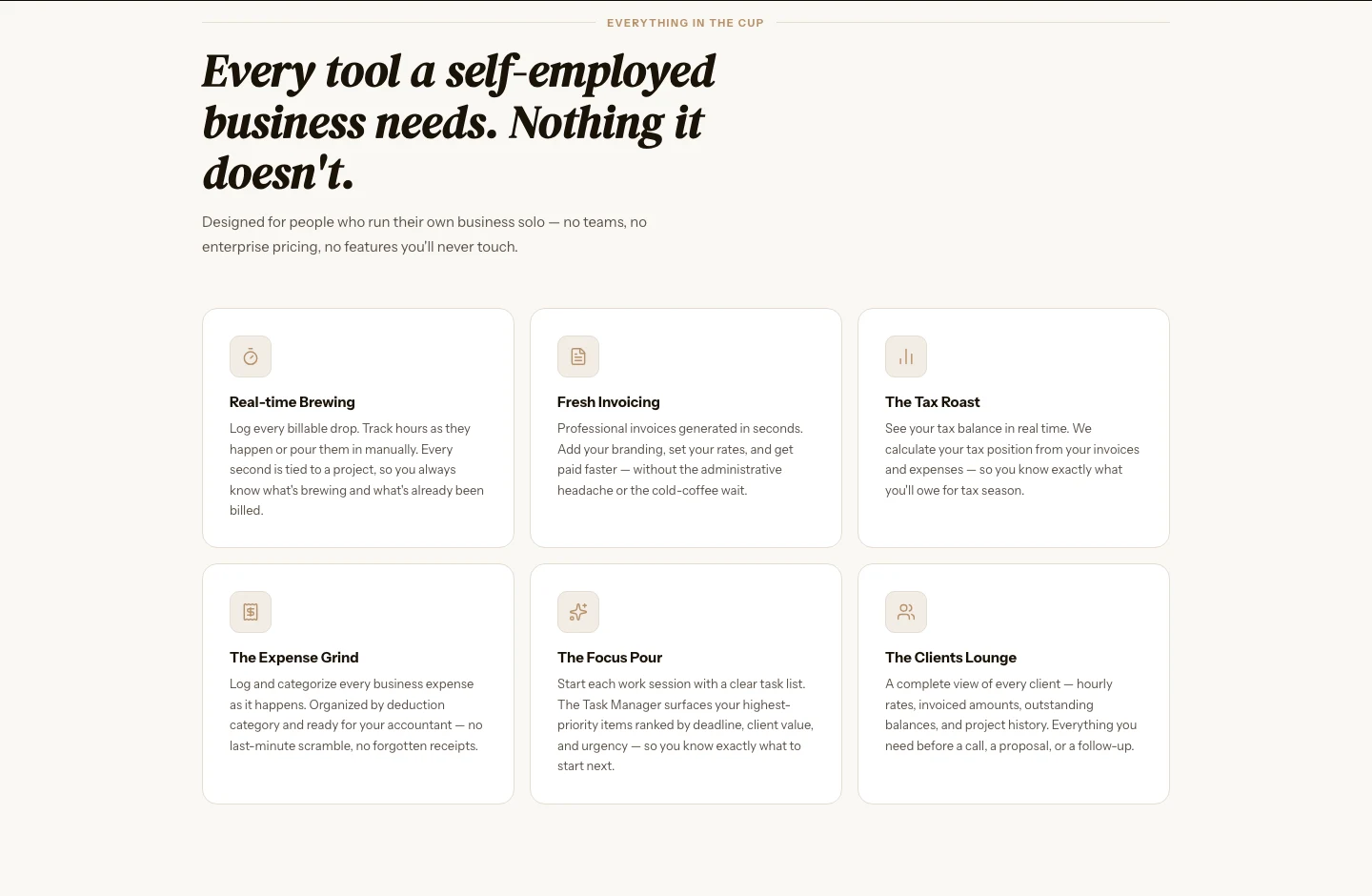 The TaskBrew feature section: six named tools, each with its own icon and a one-line promise