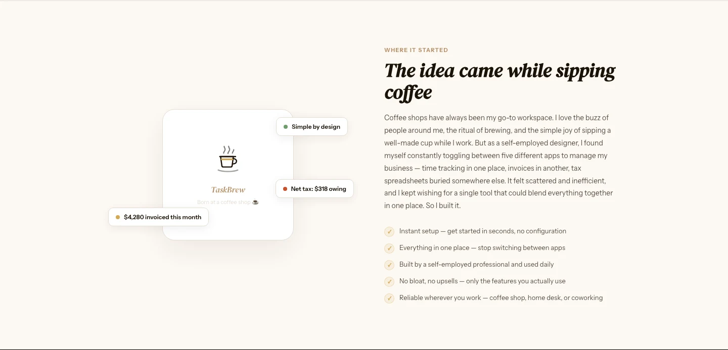 The TaskBrew product card with floating status chips showing the amount invoiced this month and the tax owing